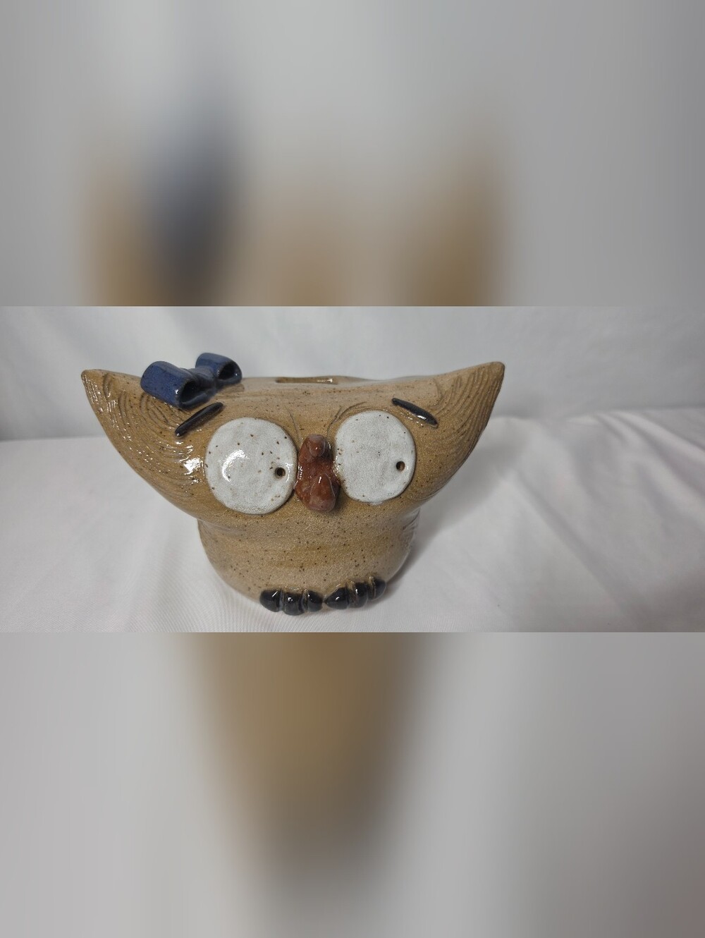 Vtg Studio Pottery Owl Coin Bank Speckled Ceramic Girl Figurine Bow 8" Big Eyes